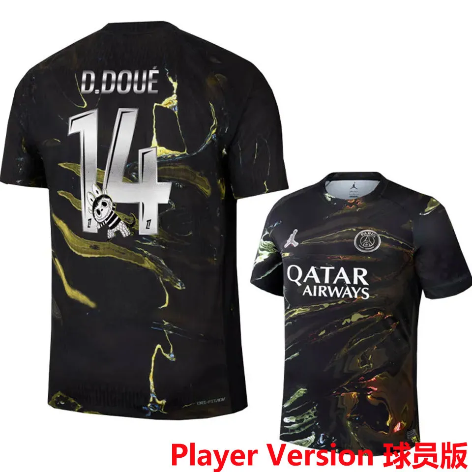 D.Doué #14 PSG x Labubu Dark Night Edition Black Player Version Jersey 2025/26 拉布布字体