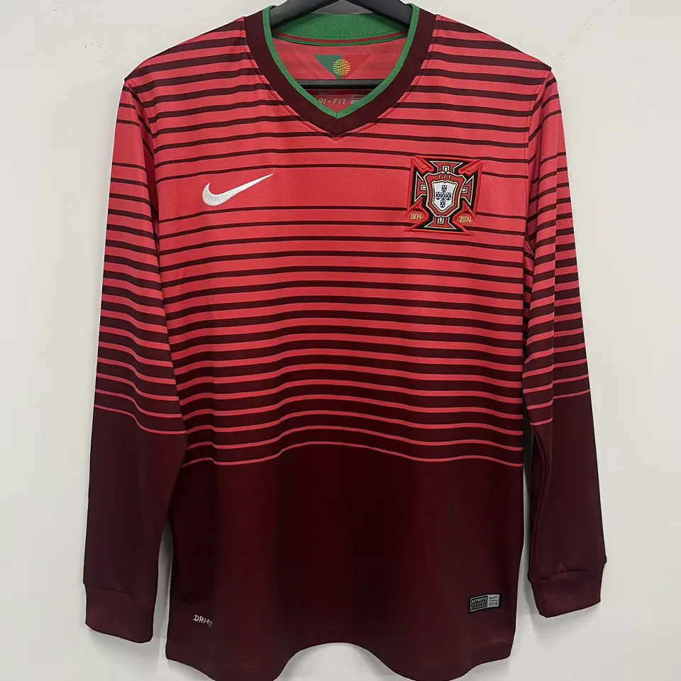 2014 Portugal Home Red Retro Long Sleeve Soccer Jersey